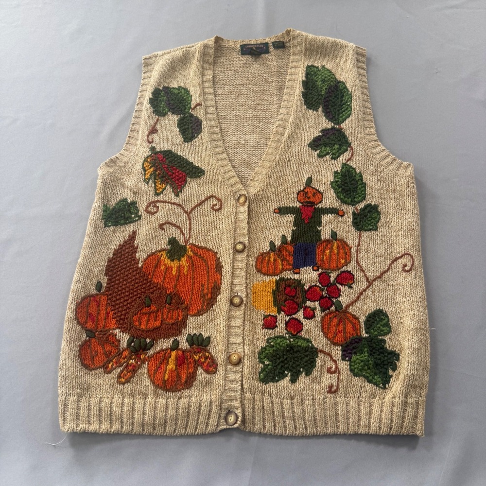 Vintage Hand Knitted Sweater Vest Women's Large Fall Harvest Halloween Autumn